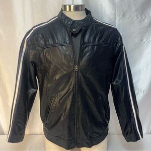 Point Blanc Vegan Black Leather Moto Bomber Jacket with Blue and White Stripes